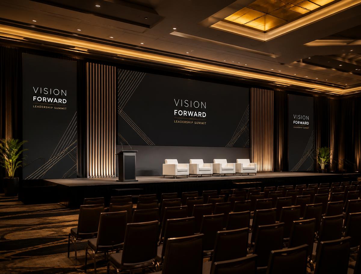 Corporate leadership summit stage set in a hotel ballroom