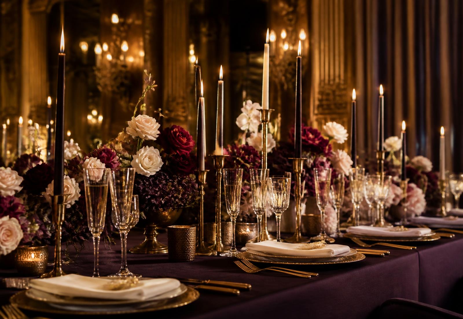 Candlelit banquet table styled with plum and ivory florals in a historic ballroom